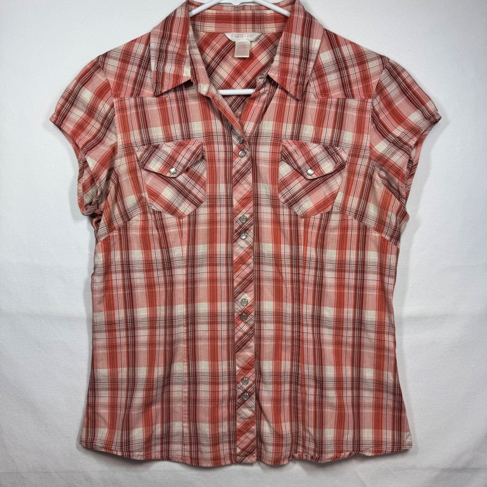 Arizona Jean Company Women's Plaid Pearl Snaps Short Sleeve Western Shirt Sz Lg - Picture 2 of 9